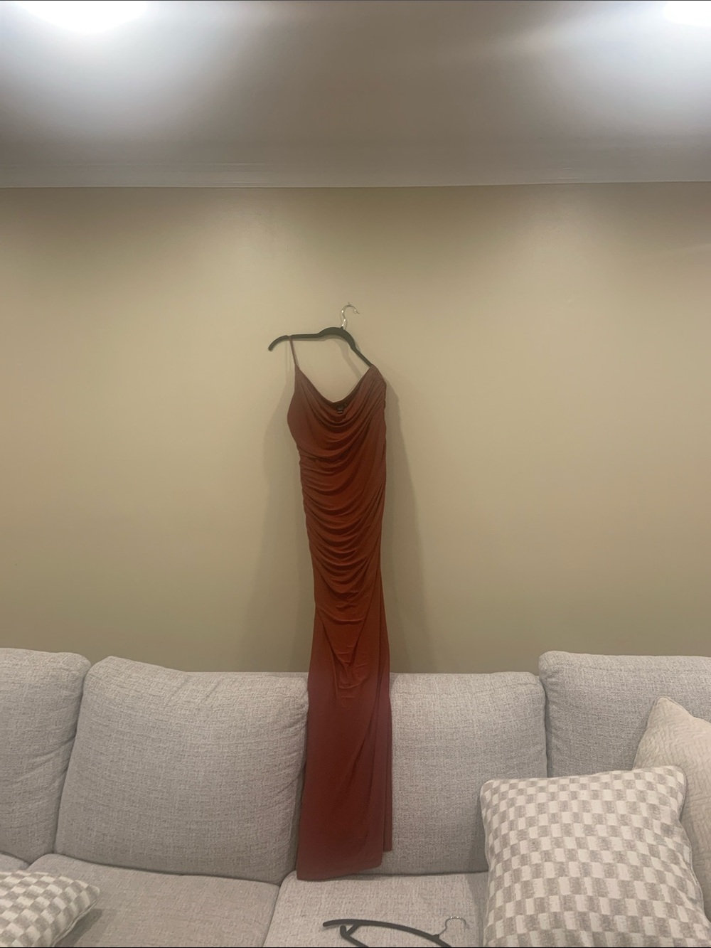 Windsor One-Shoulder Ruched Slip Dress in Rust